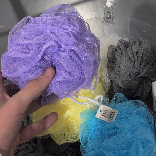 Mesh bath loofah shower poufs in purple, yellow, grey, blue and white