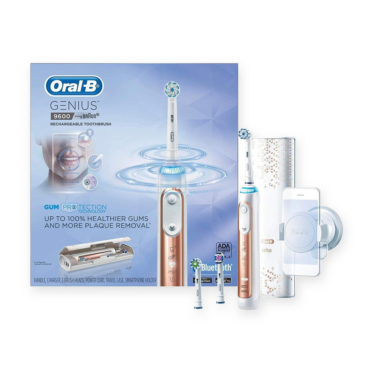 Oral-B Genius 9600 electric toothbrush rose gold box with travel case and 3 brush heads