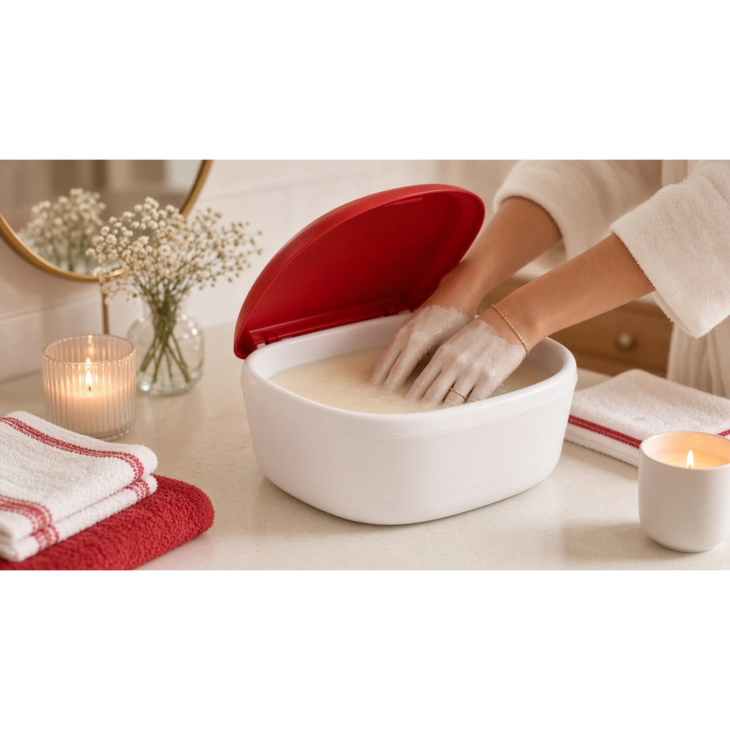 Woman dipping hand in Revlon Luxury Paraffin Bath for at-home spa treatment